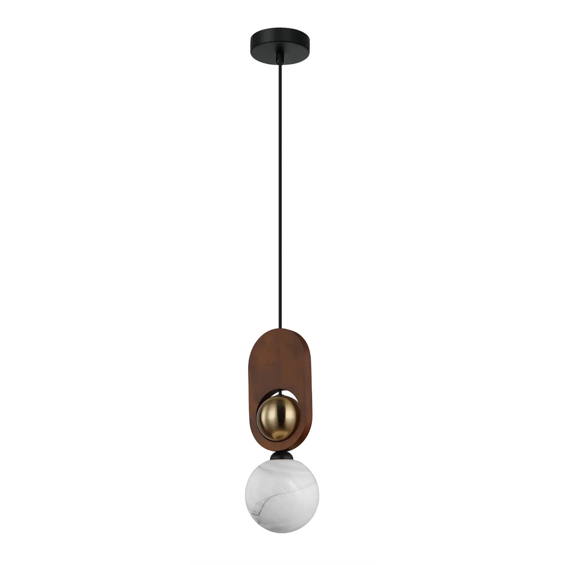 Palta Interior Sandblasted Pendant Light with Brass and Wood Highlight Opal Diffuser Red Wood