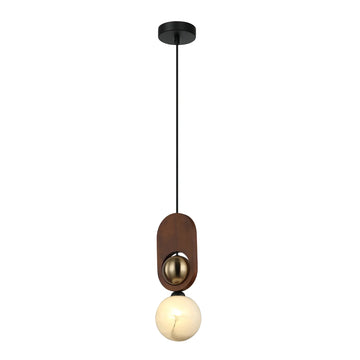 Palta Interior Sandblasted Pendant Light with Brass and Wood Highlight Opal Diffuser Red Wood