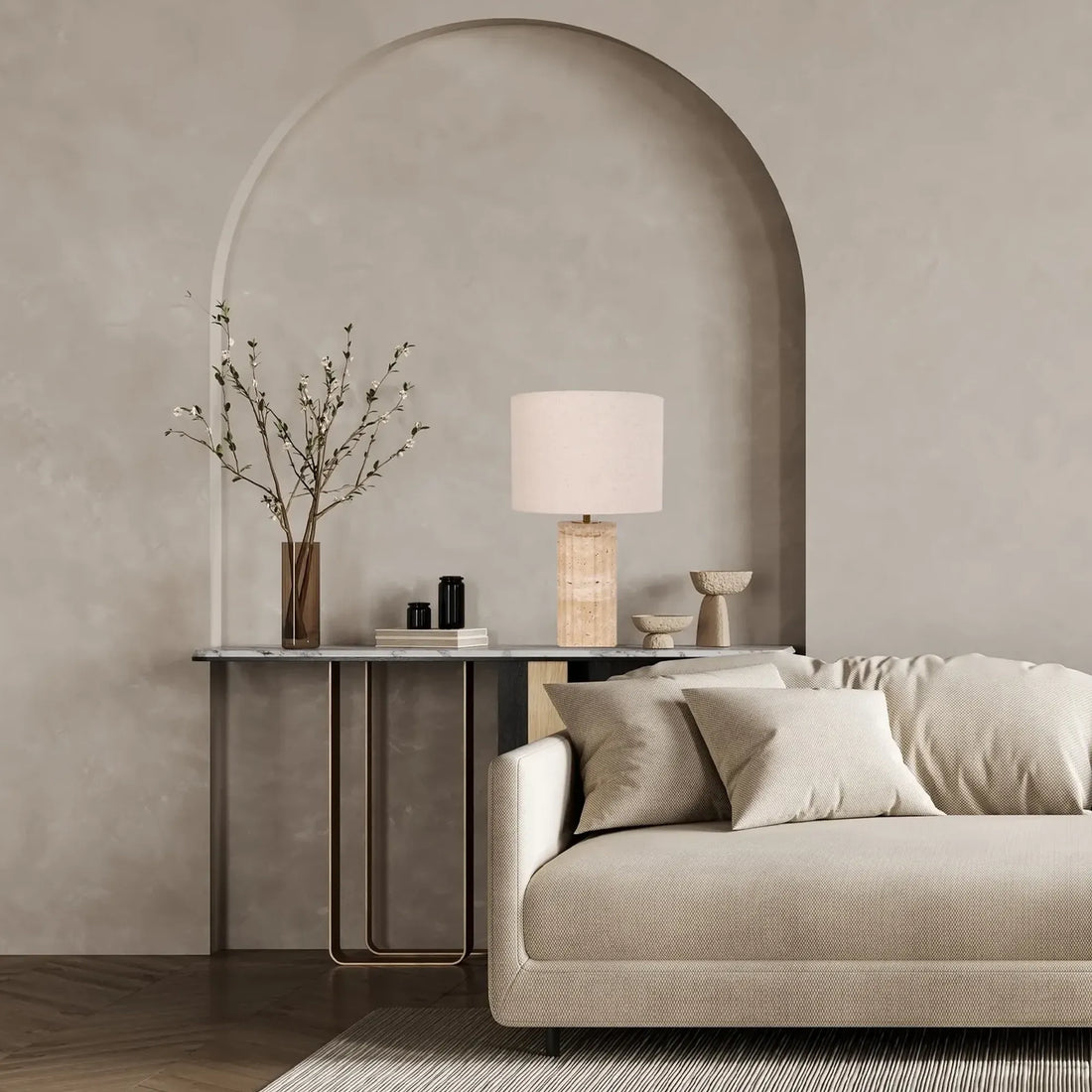 Sagitta Oblong Table Lamp Beige Travertine Base Cream Fabric Shade Small