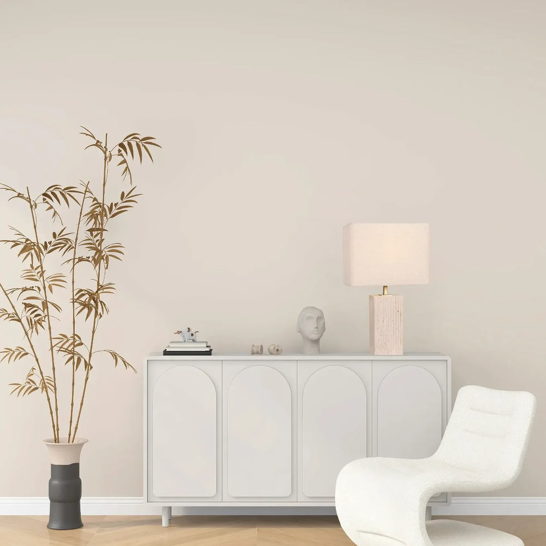 Sagitta Rectangular Table Lamp Beige Travertine Base Cream Fabric Shade Large