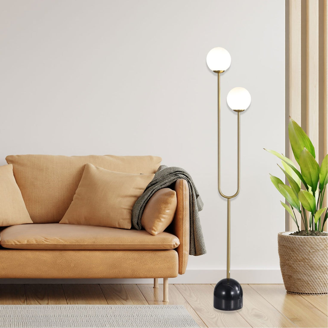 Tropez Decorative Floor Lamp with Opal Matt Glass Spheres Satin Brass