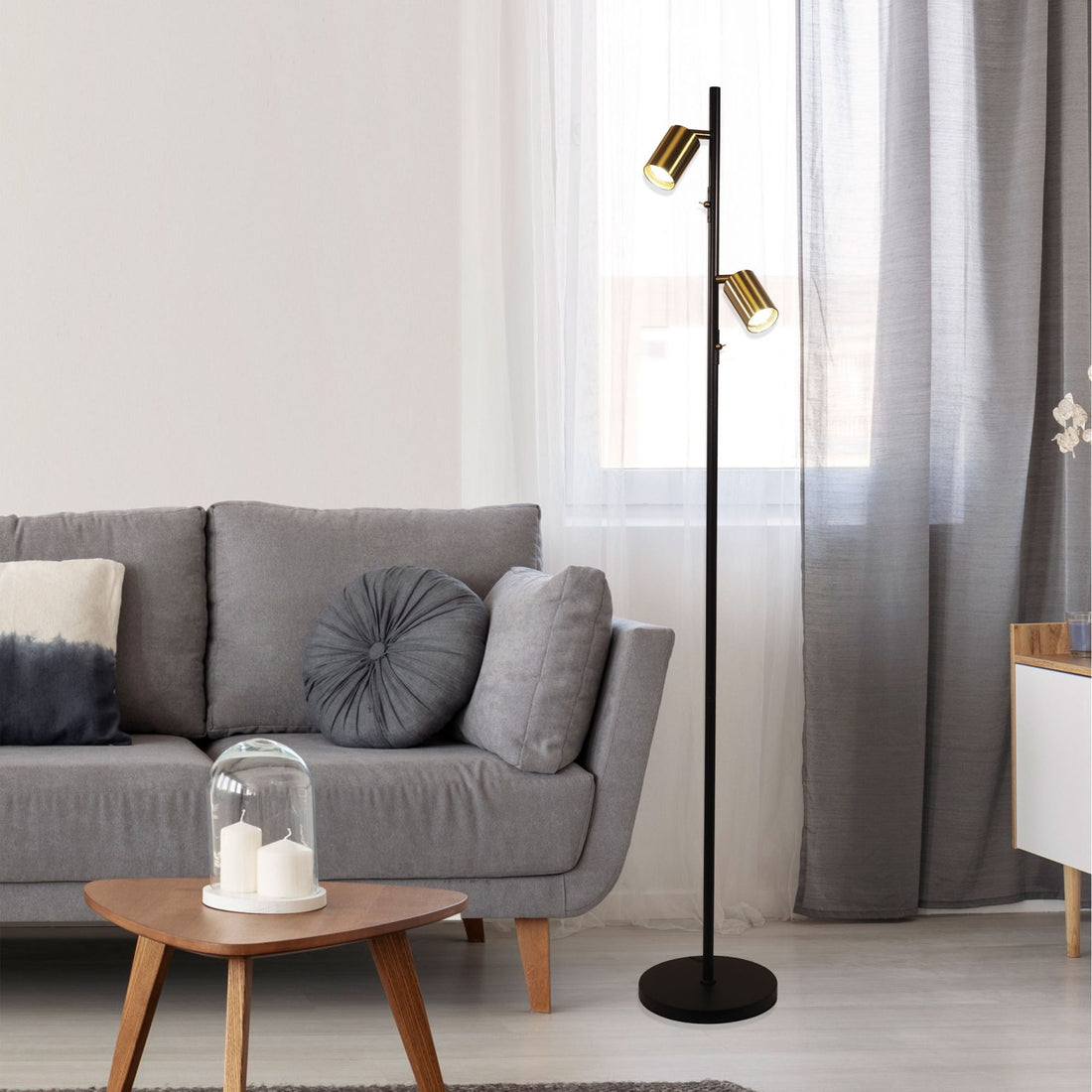 Ponte Adjustable Twin Floor Lamp Black and Satin Brass