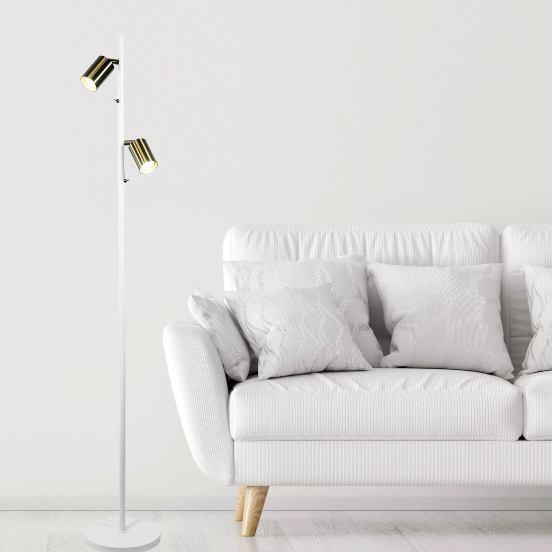 Ponte Adjustable Twin Floor Lamp White and Satin Brass