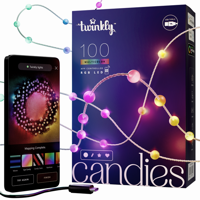 Twinkly 100 LED Candie String Light USB-C Powered Clear Wire Pearl Shape - RGB