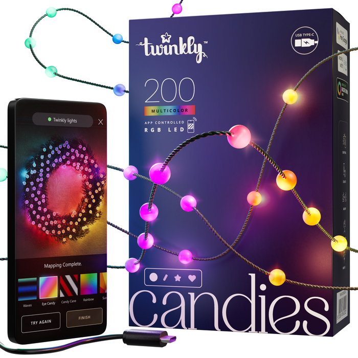 Twinkly 200 LED Candie String Light USB-C Powered Green Wire Pearl Shape - RGB
