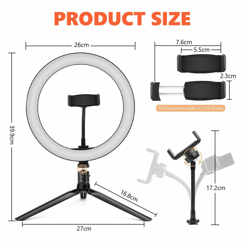 10" Dimmable LED Ring Light Tripod Stand For Phone Makeup Live Selfie