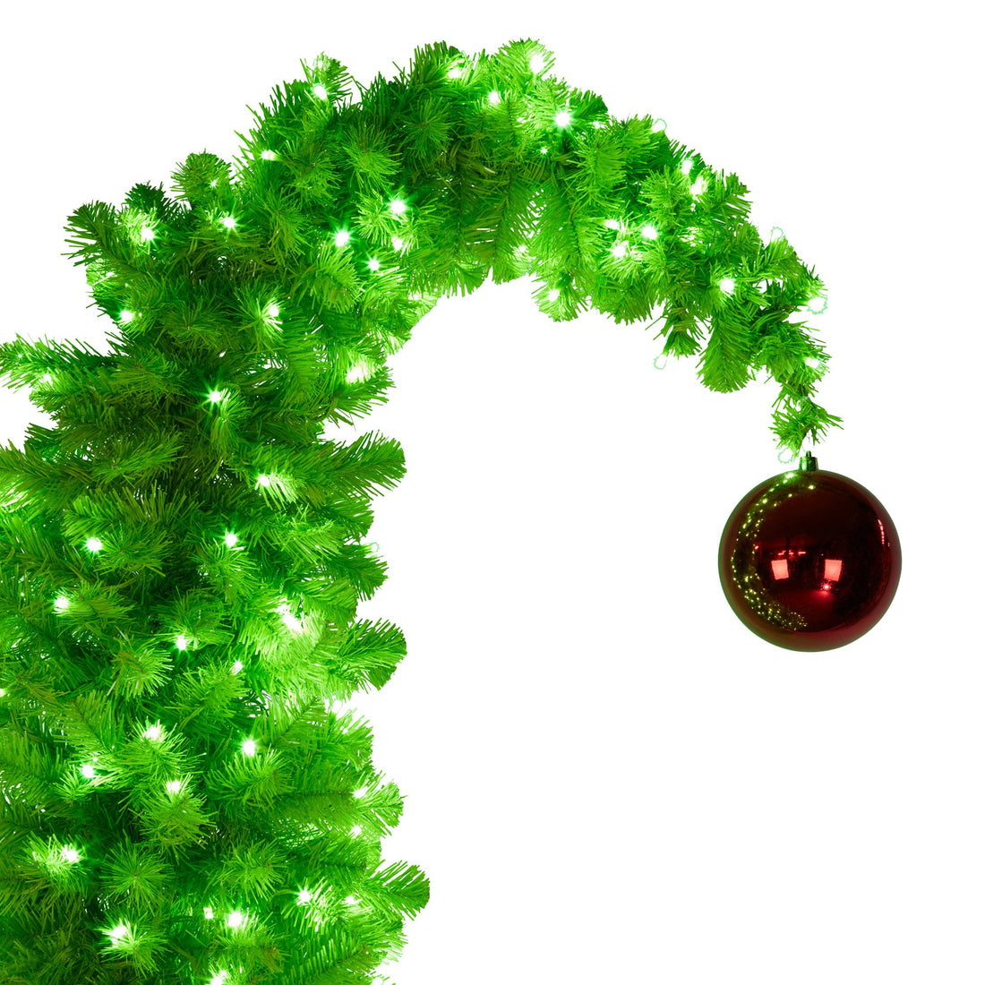 4ft Christmas Gremlin Tree Curved Top Red Bauble Built In Green & White LED Lights Foot Pedal Control