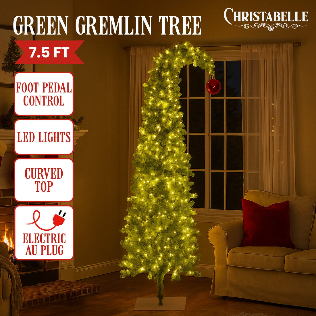 7.5ft Christmas Gremlin Tree Curved Top Red Bauble Built-In Green White LED Lights Control Base & Cord