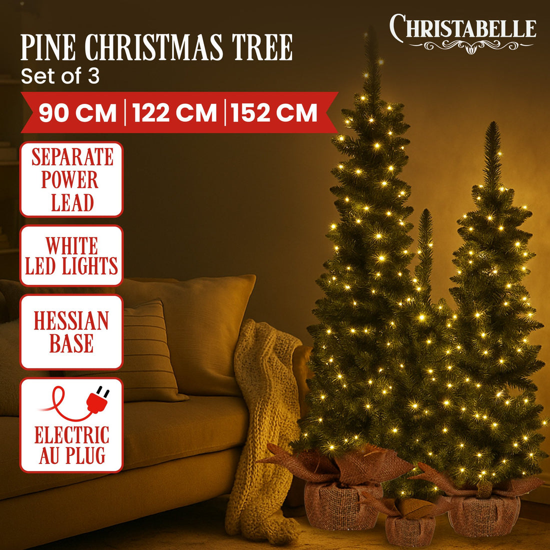 Set Of 3 Pre-Lit Christmas Trees Green Pine W/LED Lights, Hessian Base & Individual Plugs Varying Heights