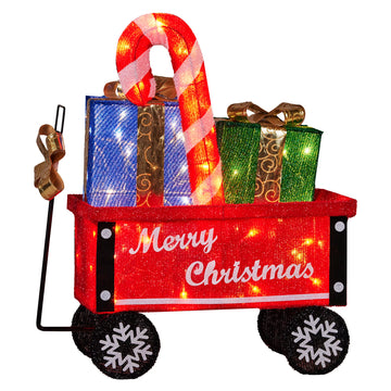 Christmas Cart Display W/Candy Cane & Presents Warm White LED Lights Wire Frame Structure Indoor & Outdoor