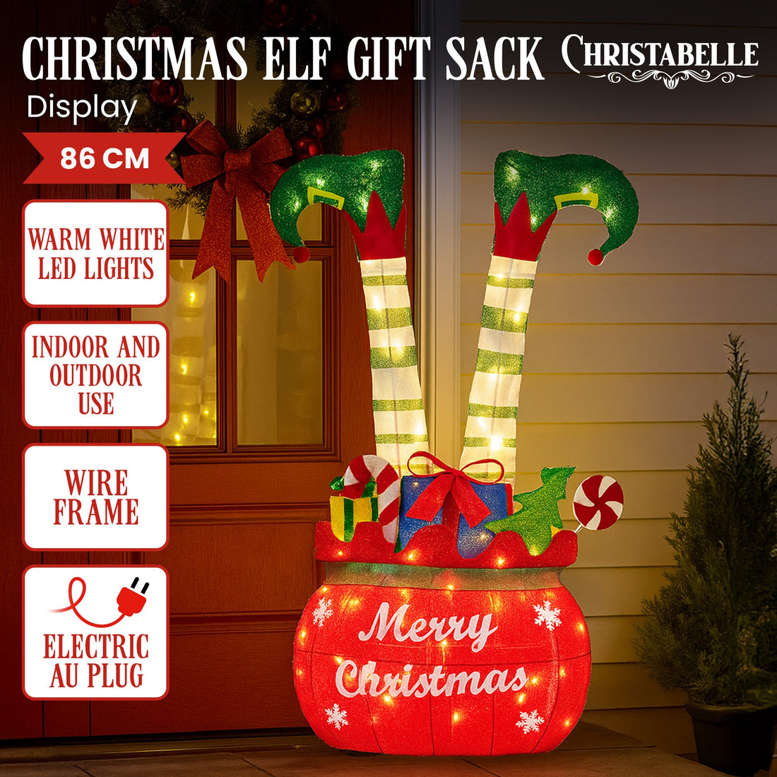 Elf In Gift Sack Christmas Display Warm White LED Lights 86cm For Decoration W/Wire Frame Construction