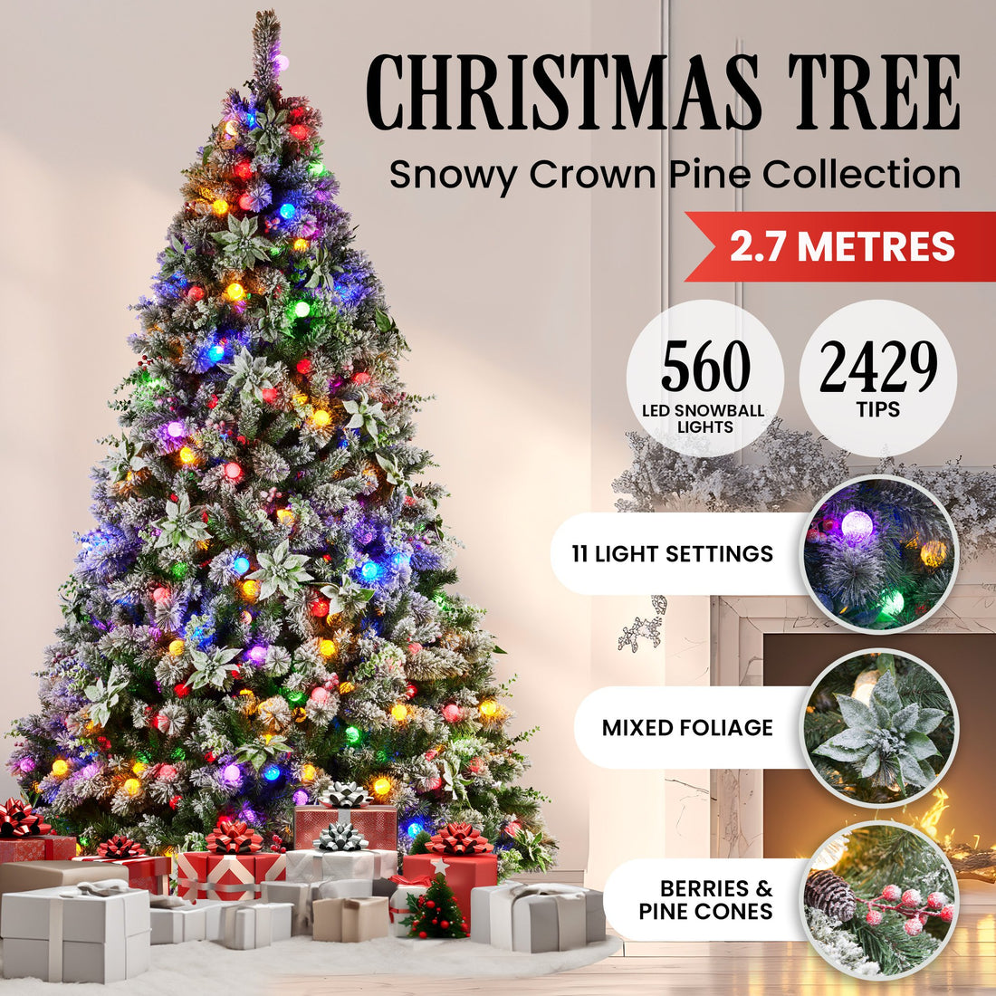 Snowy Crown Pine 2.7m Multicolour Pre-Lit Christmas Tree With 2429 Tips