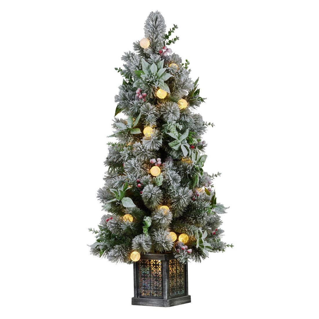 Snowy Crown Pine Potted Christmas Tree 1.2m Multicolour Pre-Lit With Snowball Lights