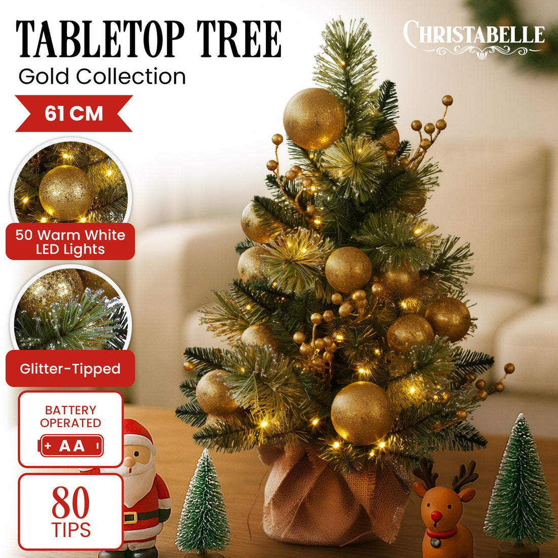 61cm Battery-Operated Christmas Tree Warm Lights LED Table Top Gold