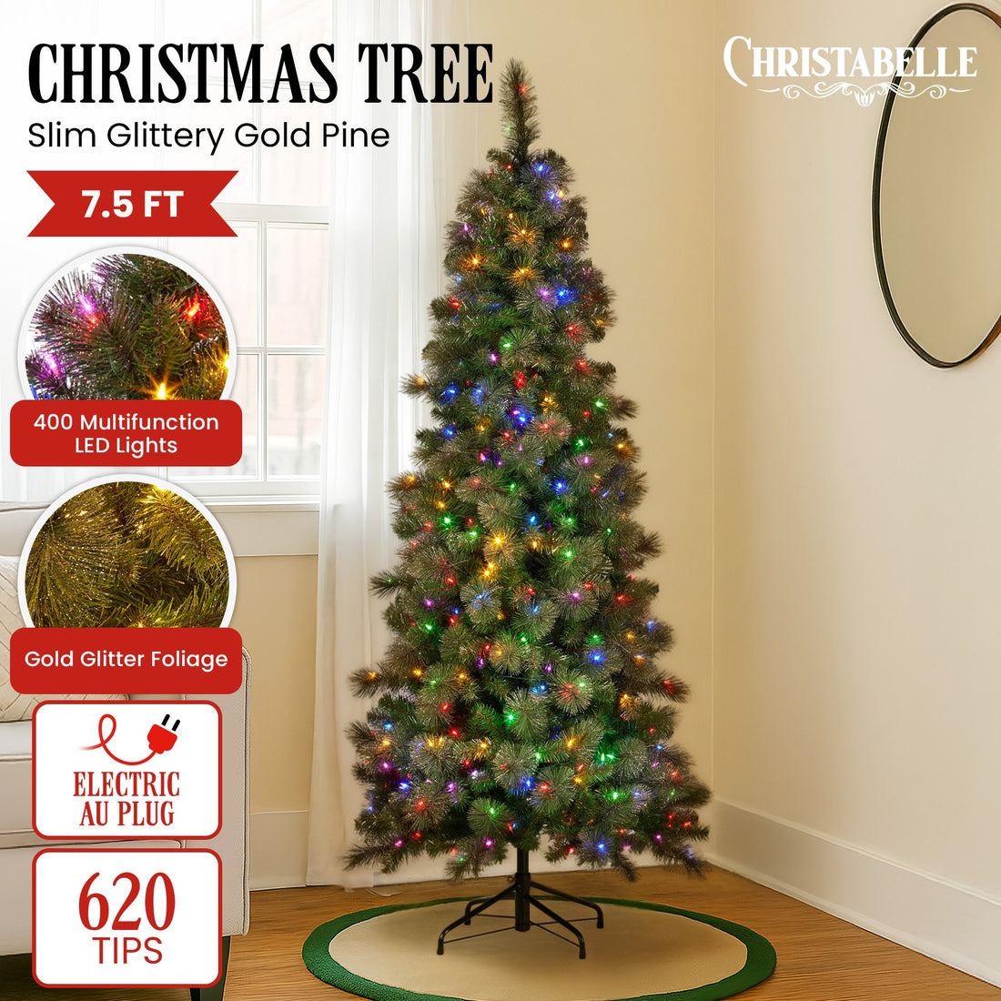 7.5ft Christmas Tree Slim Glittery Gold Pine LED Lights Xmas Decor