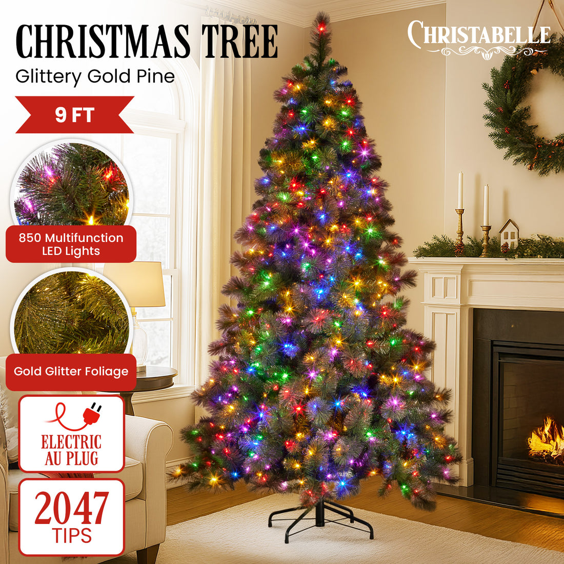 9ft Christmas Tree Glittery Gold Pine Needles 850 LED Lights Xmas