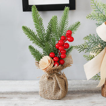 Mini Christmas Pine Tree Decoration - 10.24 Inches Tall With Red Berries And Burlap Base  (4 Trees)