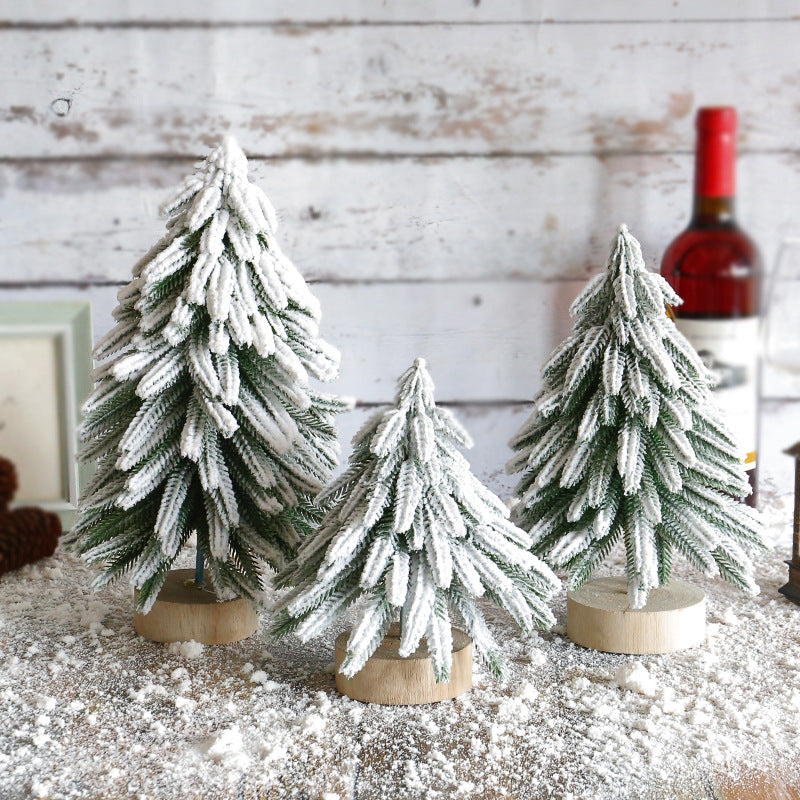 Miniature Snowy Artificial Pine Tree Decoration - 11.42 Inch Tabletop Christmas Tree With Wooden Base