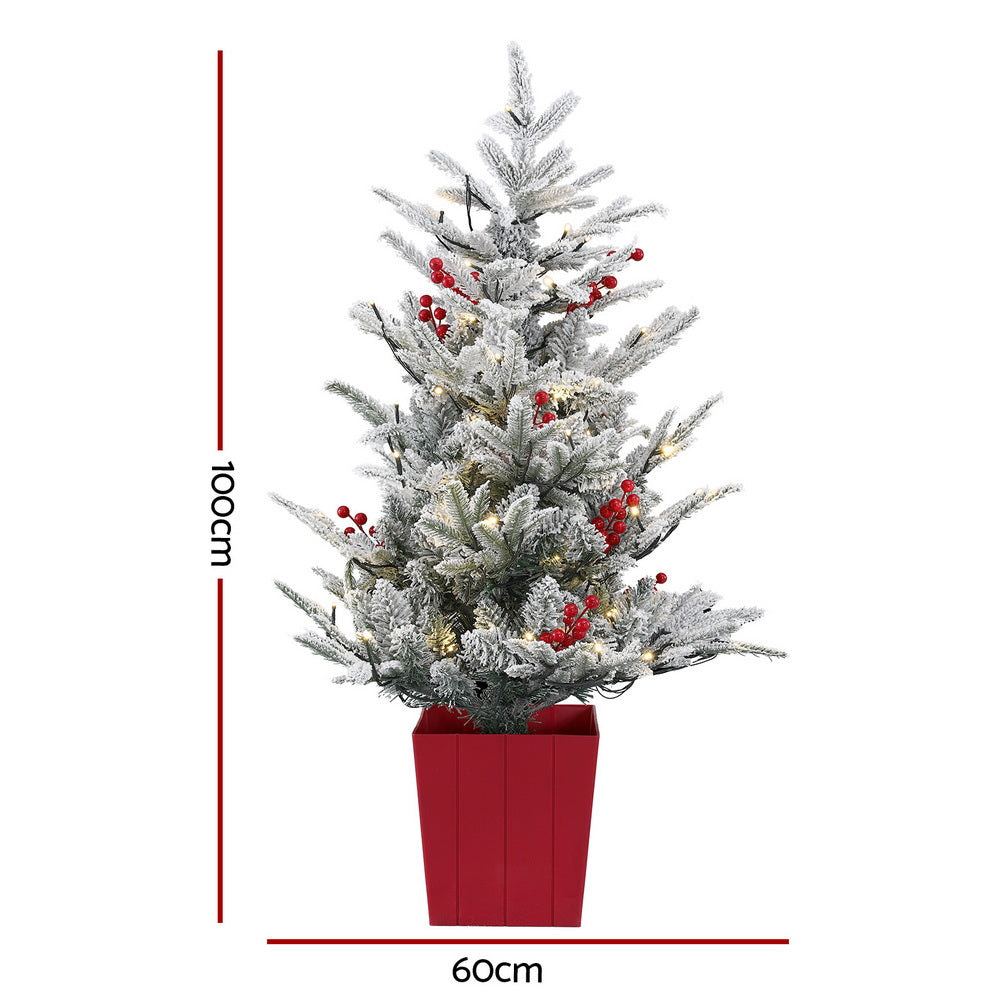 Christmas Tree 1m LED Potted Xmas Party Decor Red Barries Flocked