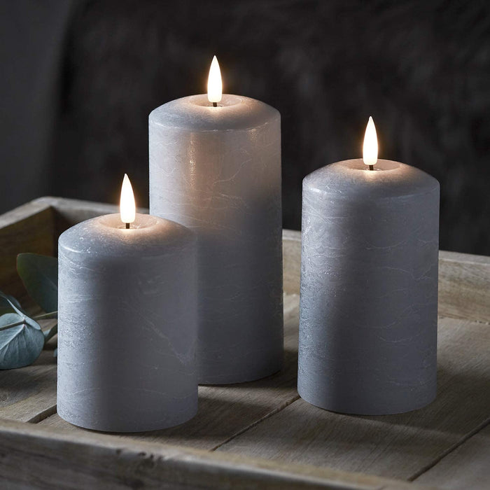 Set of 2 LED Grey Wax Pillar Candles - 3 Size Options