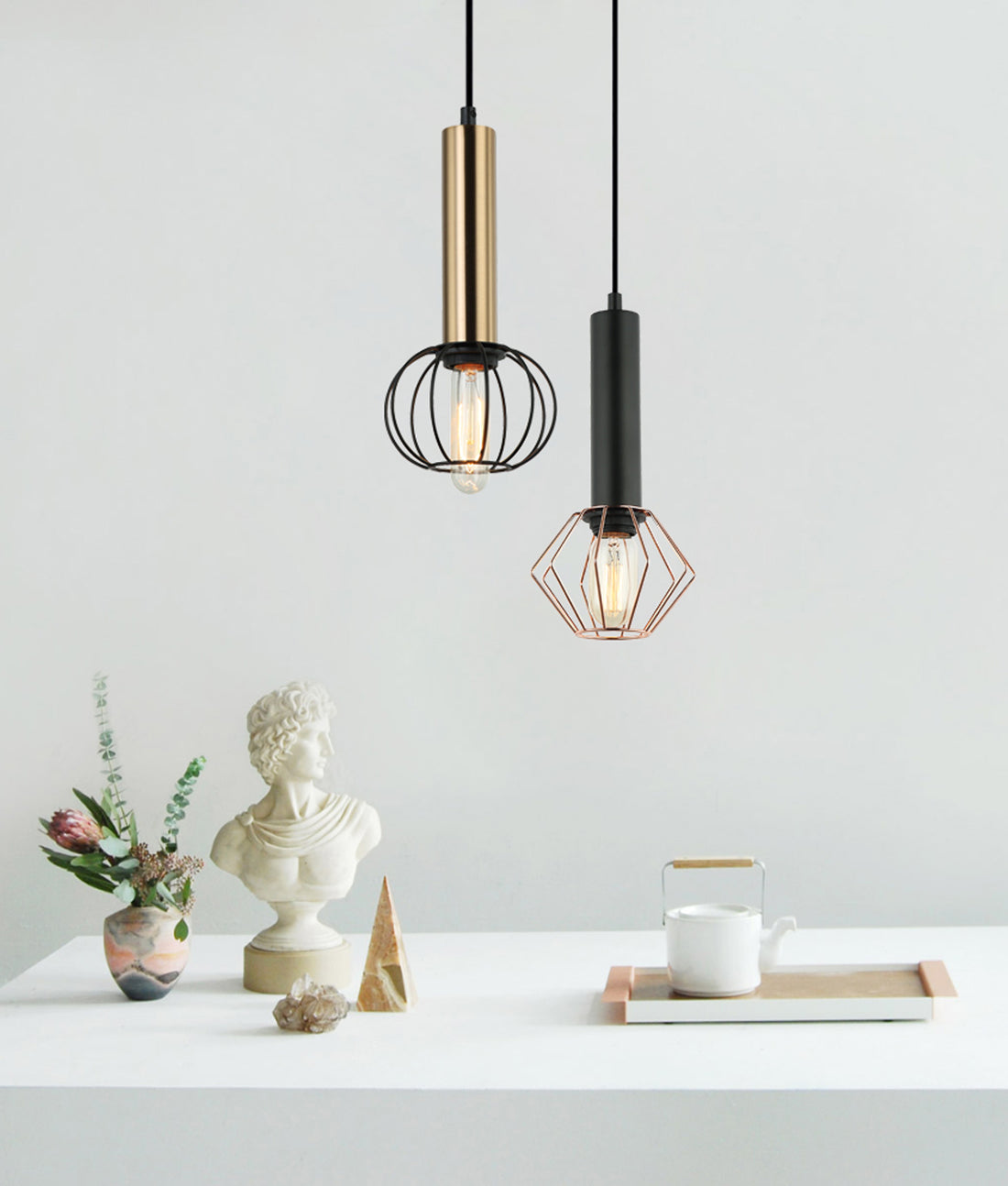 CORAZON Interior Round/ Diamond Cage Pendant Light- Antique Brass / Matt Black Cage RND