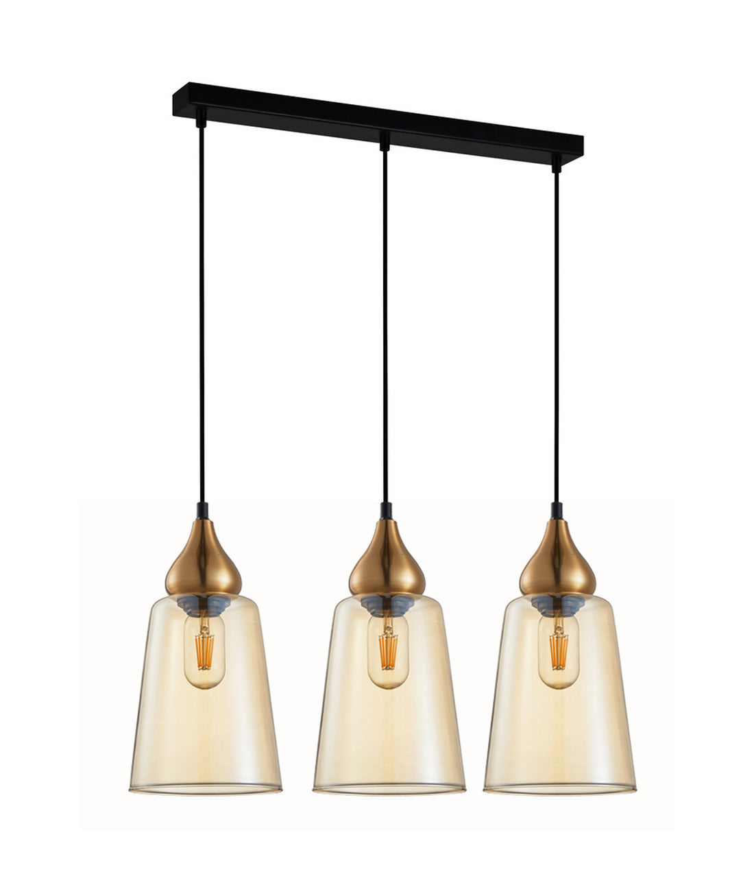 JEREZ1 Interior Bronze Amber Glass Flat Top Ellipse Pendant Light- 3 lits Straight