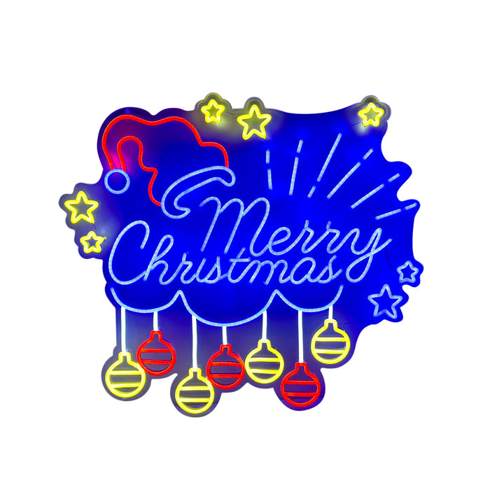 Merry Christmas Neon Sign with Hanging Baubles