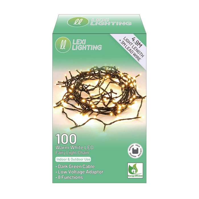 100 LED Fairy Light Chain Dark Green Cable - 3 Colour Options