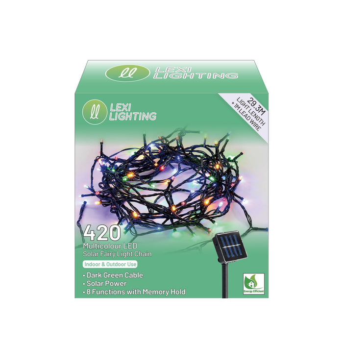Solar 420 LED Fairy Light Chain Dark Green Cable - 4 Colour Options
