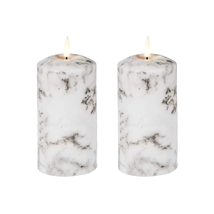 Set of 2 LED Marble Effect Wax Pillar Candles - 3 Size Options