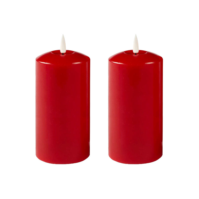 Set of 2 LED Red Wax Pillar Candles - 3 Size Options