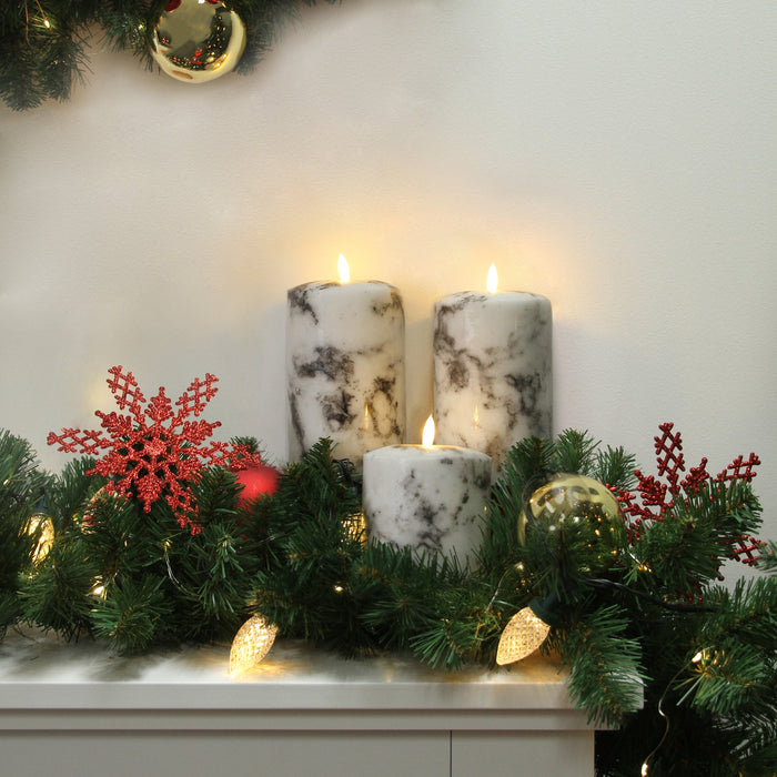 Set of 2 LED Marble Effect Wax Pillar Candles - 3 Size Options