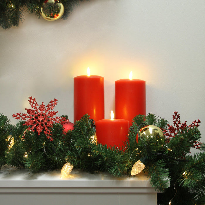 Set of 2 LED Red Wax Pillar Candles - 3 Size Options