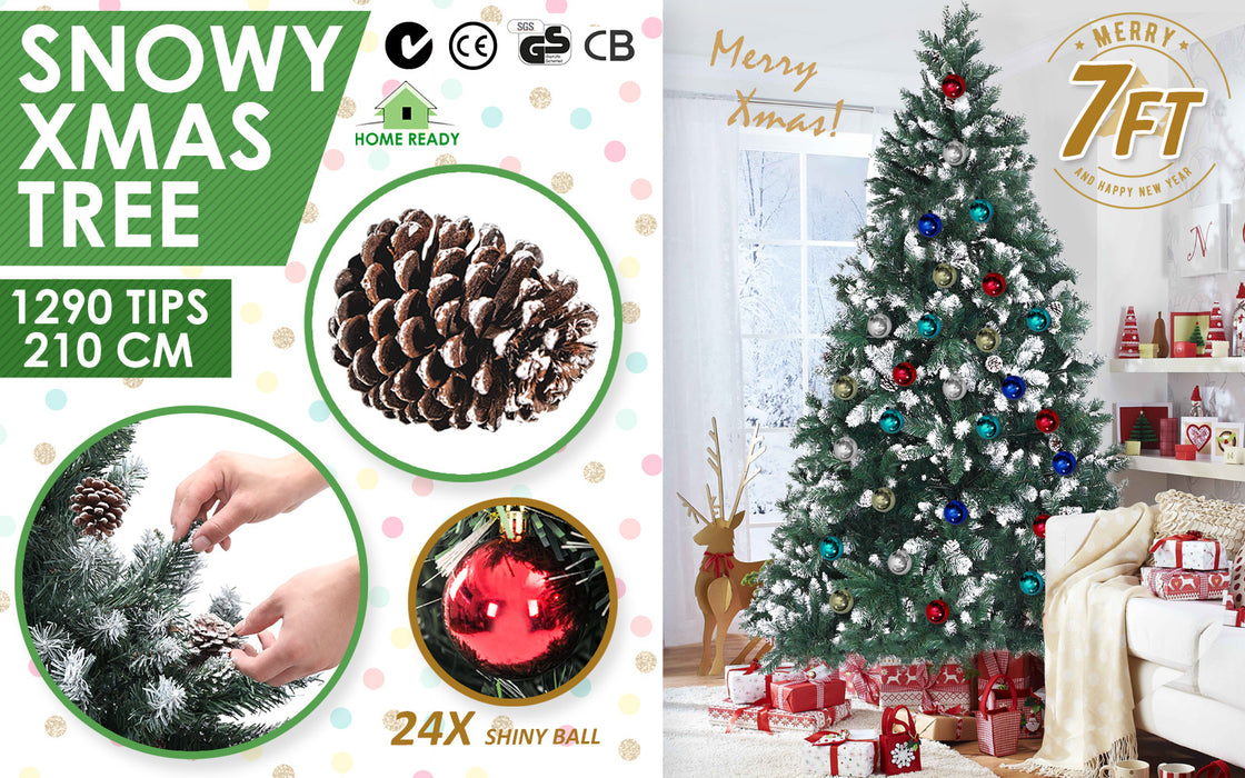 Home Ready 7Ft 210cm 1290 tips Green Snowy Christmas Tree Xmas Pine Cones  + Bauble Balls