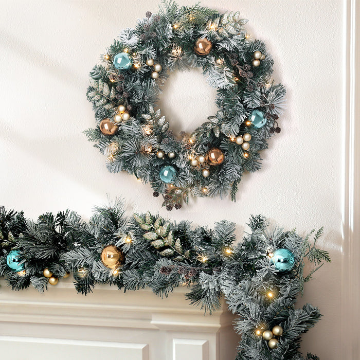 Christmas Garland with Wreath Set Snow Frosted Xmas Tree Decor