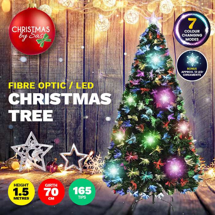 1.5m Fibre Optic/LED Christmas Tree 165 Tips Multicolour Star & Ornaments