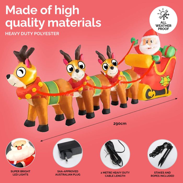2.9m Santa Reindeers & Sleigh Built-In Blower LED Lighting